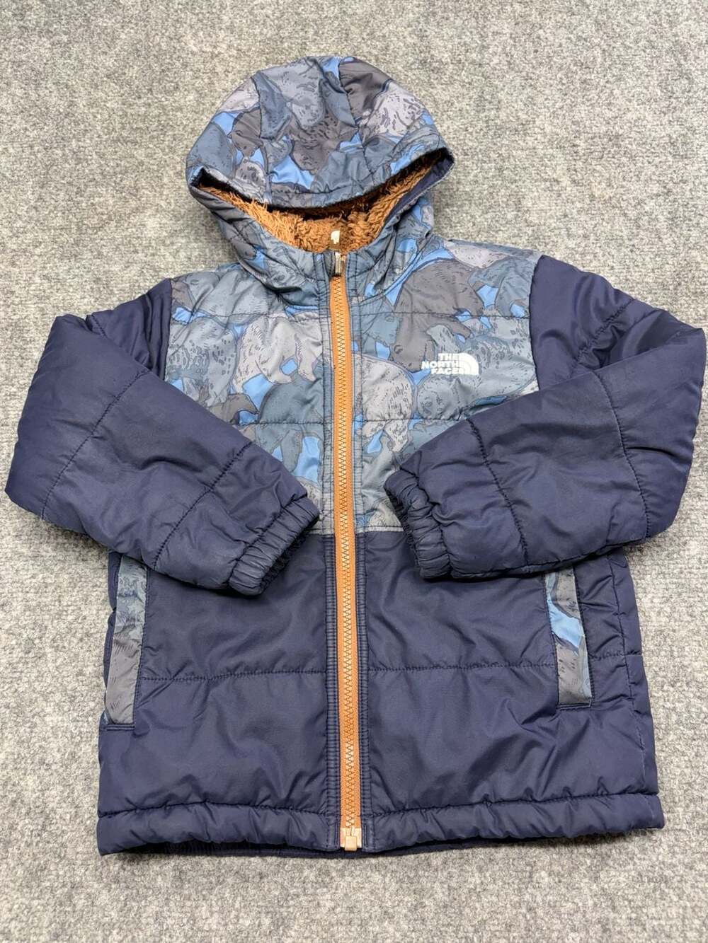 The North Face Mount Chimbo reversible Coat SZ 5T Blue Animal Camo Fleece Puffer